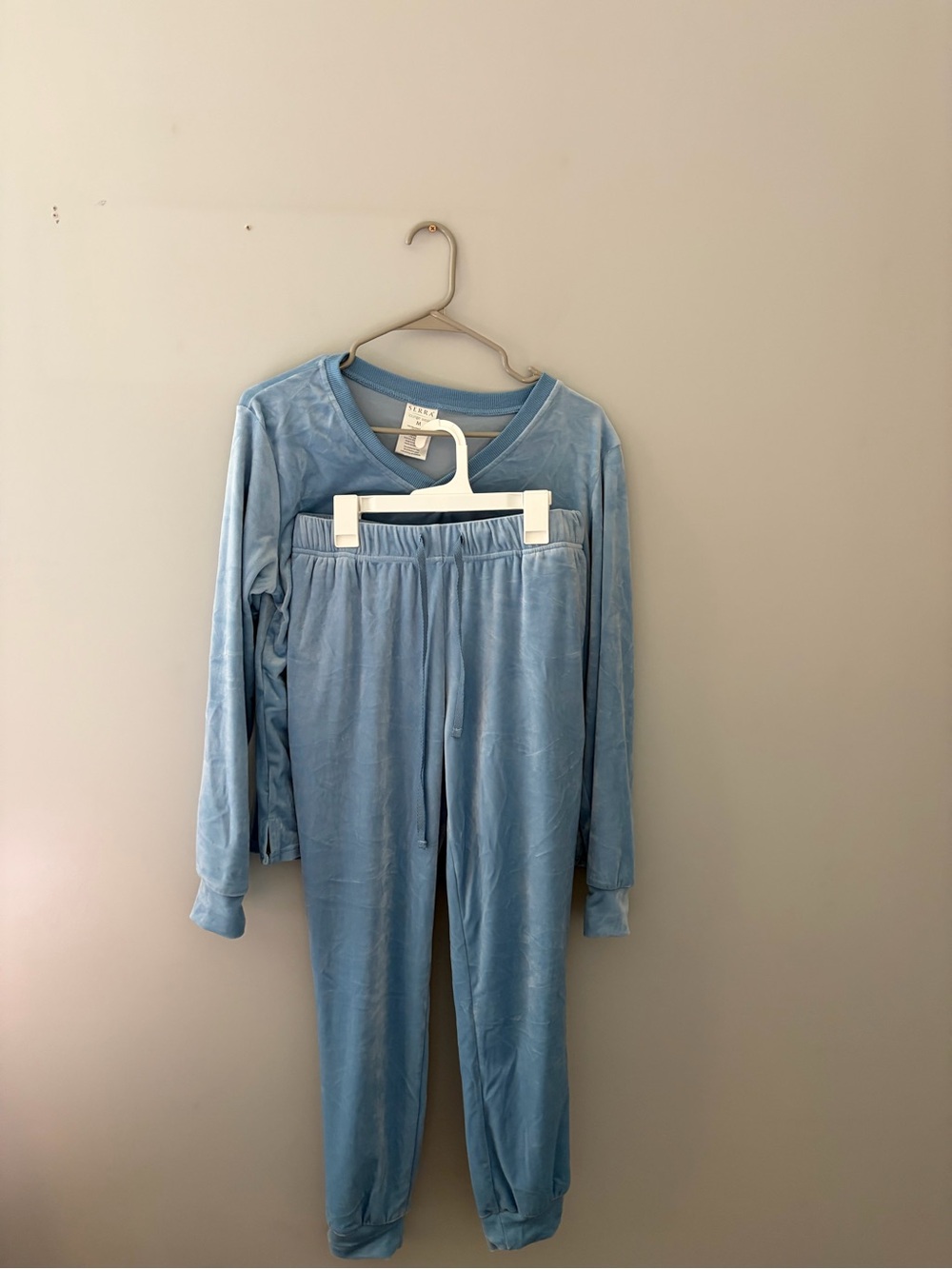 Light Blue Velvet V-Neck Long Sleeve Set